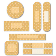 Set of isolated elastic bandage patch. Set of two sided adhesive plasters. Oblong, square, round skin patch. Sticky bandage. Protective cover. illustration