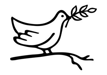 Dove of peace in simple vector drawing. Dove keep an olive branch in its beak. Symbol peace pigeon. Hand draw doodle style. Black outlines isolated on a white  background.