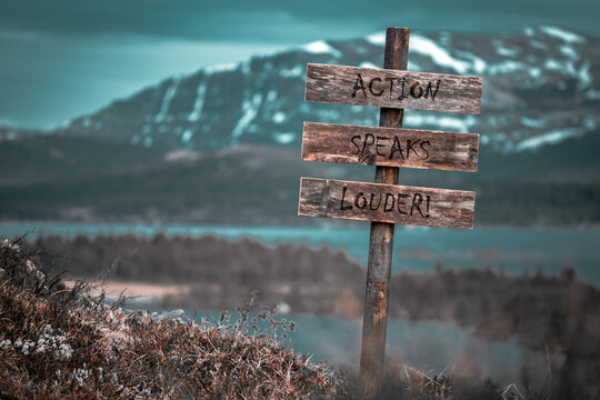 action speaks louder text quote engraved on wooden signpost outdoors in landscape looking polluted and apocalyptic.