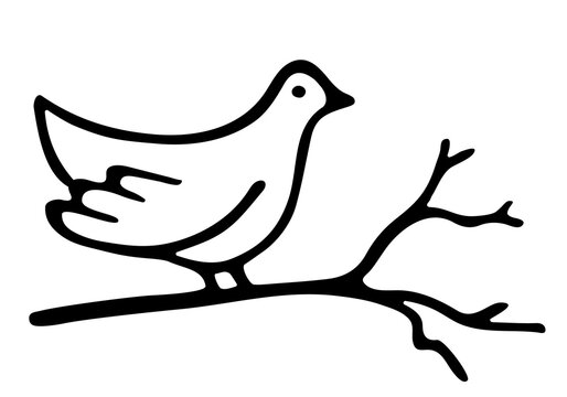 Pigeon on a branch. Dove in simple vector drawing. Hand draw doodle style. Black contours isolated on a white background. Vector stock illustration.