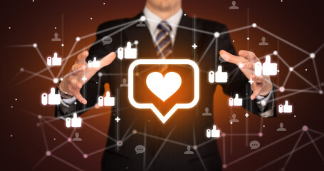 Hand holdig speech bubble with a heart icon around his hands, Social networking concept