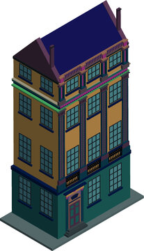  Isometric building top view. Separate vector town house, shop street library, offices and bank, residential buildings are different types.