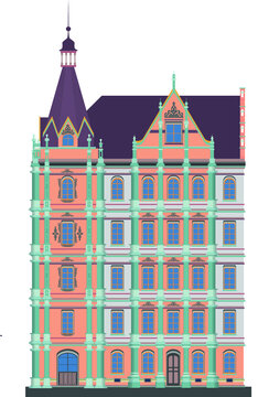 Cartoon retro living apartment or university or hotel or hospital or bank building or courthouse with columns vector illustration isolated on white background