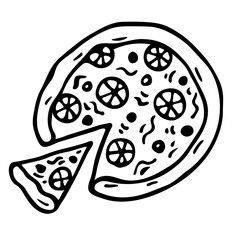 Hand drawn doodle pizza. Outline pizza slices, whole pizza sketch. Fast food pizza with tomatoes and olives. Vector simple doodle style. Black outlines isolated on a white background. 
