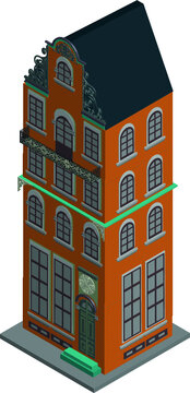 Flat 3d model isometric city residence or hotel building illustration isolated on white background.