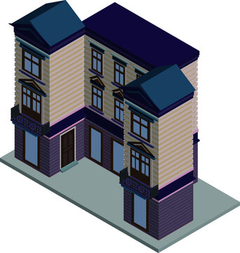 Vector isometric icon or infographic element representing low poly hospital building or residential or police office. Residential house, apartment or hospital.