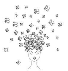 Girl with flowers instead of hair, black and white