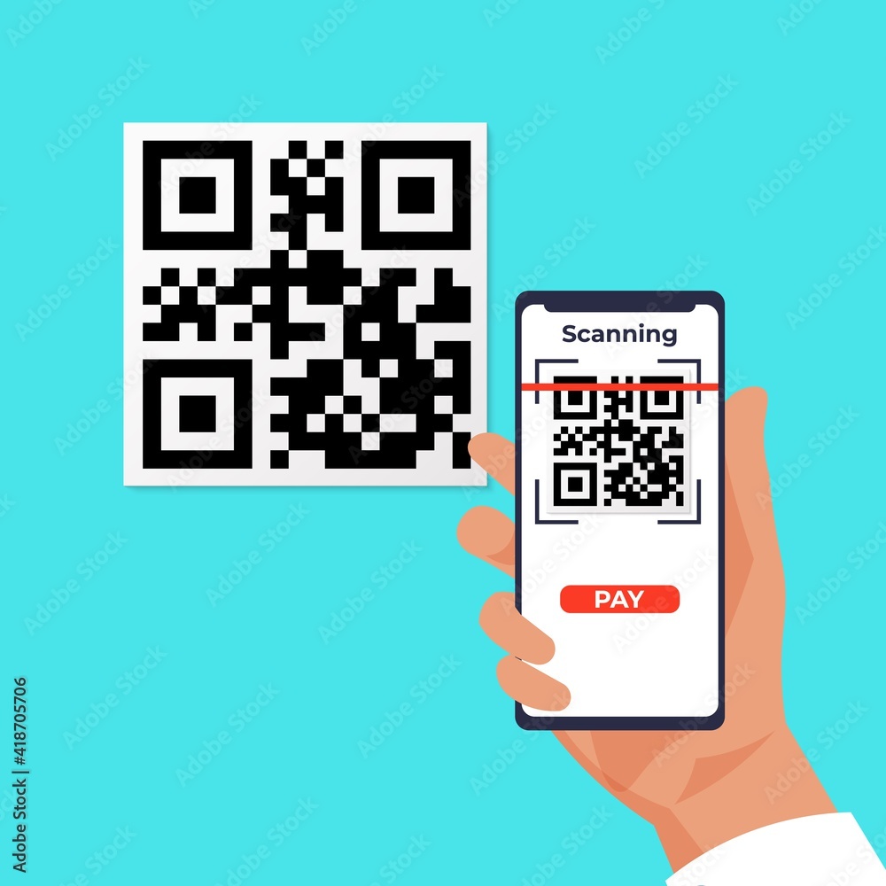 Poster qr wireless payment. cartoon human hand holding smartphones and scanning barcode. mobile application