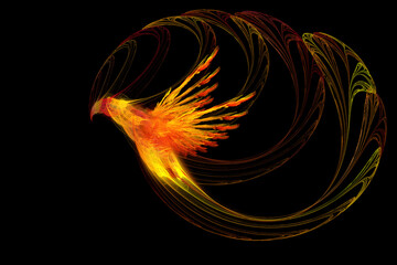 Fractal image of a phoenix bird on a black background 