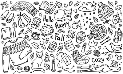 Hand-draw Autumn Background in doodle style. Fall Season vector elements: knitted clothes, cats, mushrooms, leaves, books, cups, jars, fruits, pumpkin, pizza, candy, music. Black isolated on a white.