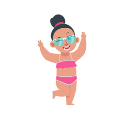 Funny girl on summer holidays. Cartoon teenager raising hands in greeting gesture. Smiling young cute woman relaxing on beach. Isolated happy female in swimsuit and sunglasses. Vector illustration