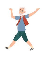 Funny happy senior man. Cartoon old dancing pensioner. Cheerful grandparent active moving. Gray haired male character walks. Adult person leisure pastime vector grandpa lifestyle isolated illustration