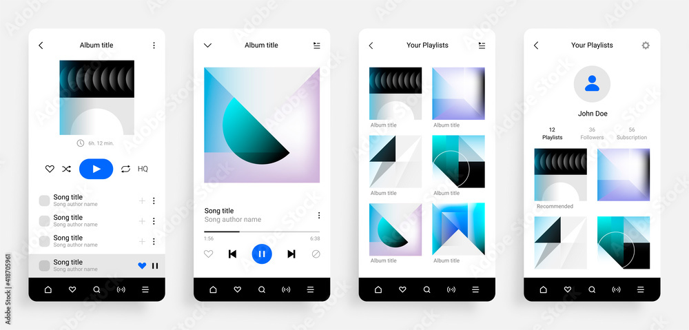Poster Music player app. Mobile multimedia application interface with musical album, song playlist and social network page. Realistic smartphone UI mockup with buttons for playing tunes. Vector touchscreen