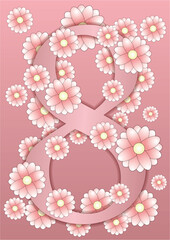 March 8, International Women's Day card. The Big Eight in flowers on a pink background.