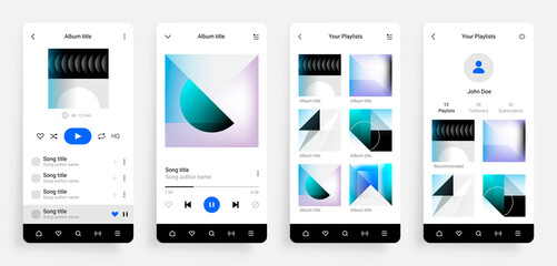 Music player app. Mobile multimedia application interface with musical album, song playlist and social network page. Realistic smartphone UI mockup with buttons for playing tunes. Vector touchscreen © SpicyTruffel