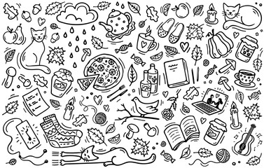 Autumn themed doodle set. Elements Fall Season: mushrooms, leaves, books, cats, cups, jars, pumpkin, pizza, candy, music, movie, rain, cozy things. Freehand background isolated on a white. Vector.