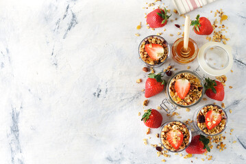 Dessert of homemade muesli, berries and yogurt