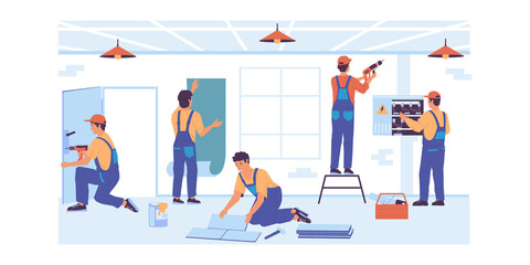 Home repair. Cartoon service workers make renovation. Professional builders brigade gluing wallpaper or laying floor tiles. Electrician working with wires of electrical system. Vector foreman job