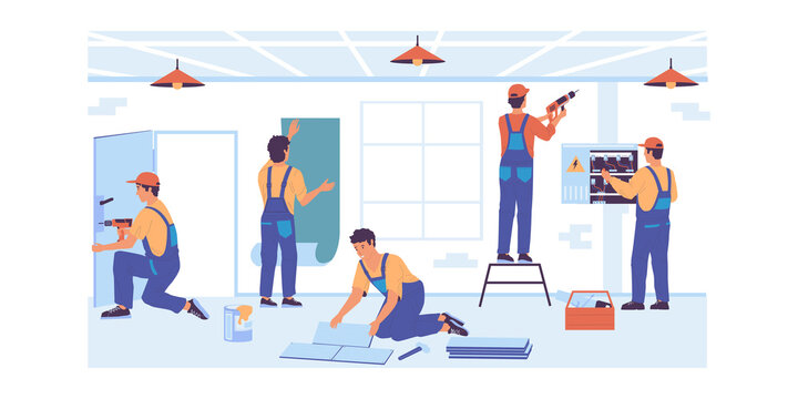 Fototapeta Home repair. Cartoon service workers make renovation. Professional builders brigade gluing wallpaper or laying floor tiles. Electrician working with wires of electrical system. Vector foreman job