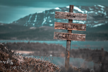 now its to late text quote engraved on wooden signpost outdoors in landscape looking polluted and...