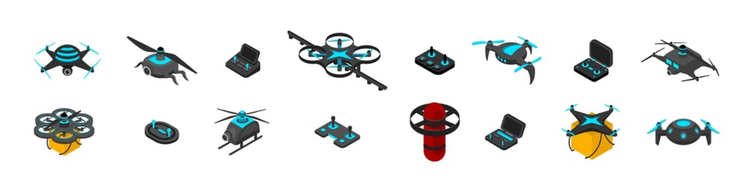 Drones. Modern flying unmanned electronic devices. UAV for panoramic photo or video shooting from above and parcels delivery by air. Wireless controllers. Vector robotic gadgets with propellers set