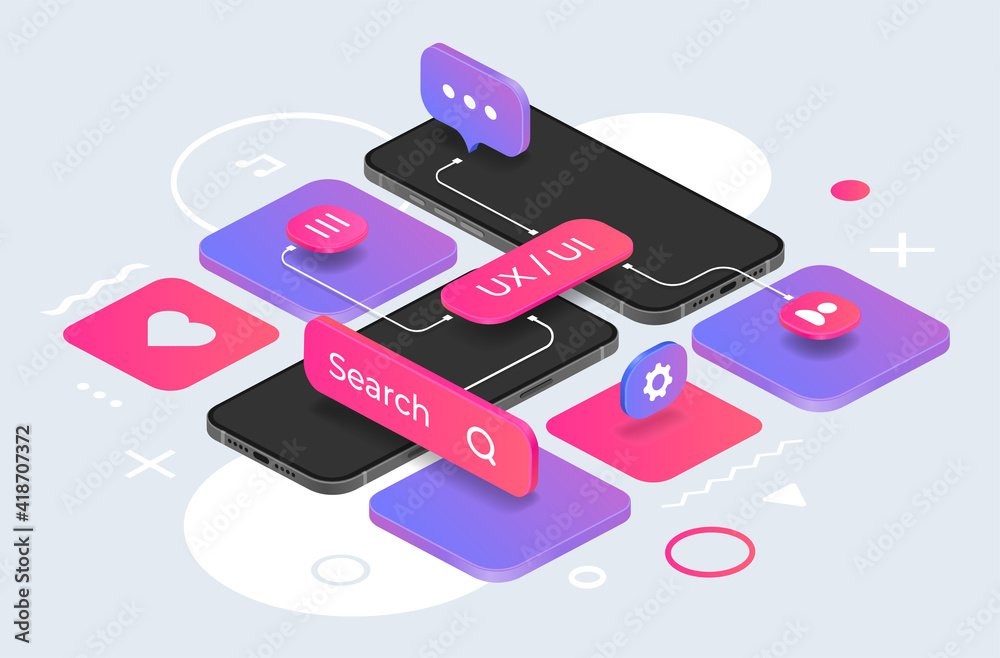 Poster Isometric phone mockup. UX design concept. Comfortable mobile interface for online information search, web communication and device settings. Vector smartphones screens and abstract geometric shapes