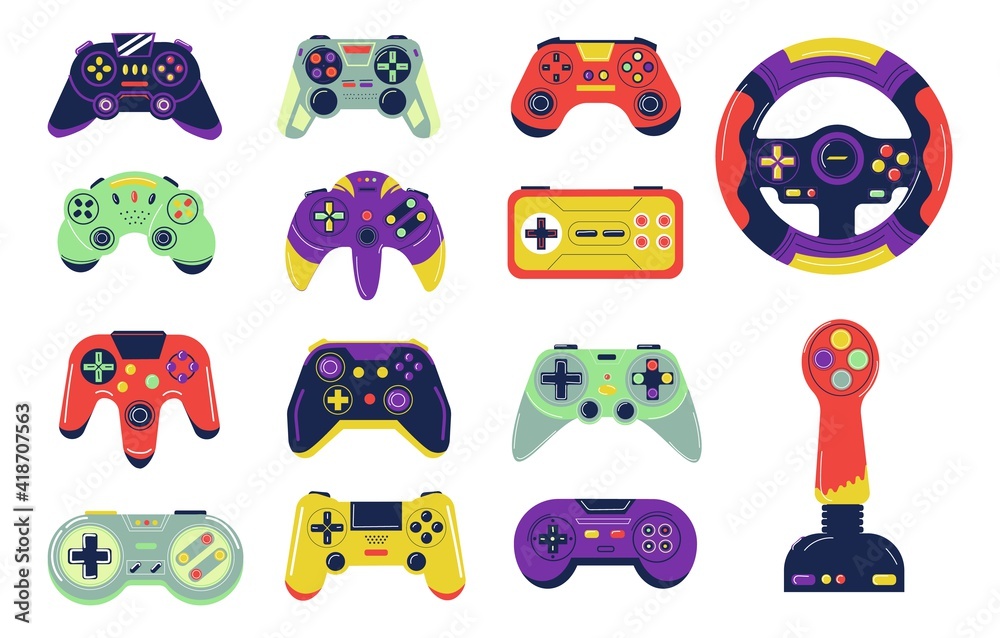 Poster Joysticks. Cartoon controllers for console video gaming. Colorful gamepads control character and transport or aircraft. Isolated wireless devices with buttons. Vector gadgets set for playing games