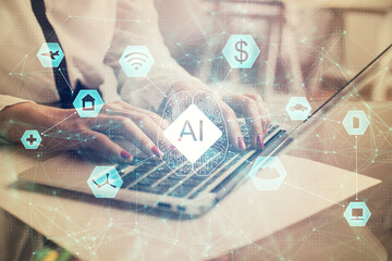 Multi exposure of woman hands working on computer and data theme hologram drawing. Tech concept.