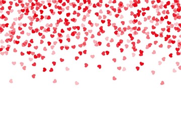 Confetti hearts falling. Romantic wedding or Valentine's day celebration background mockup. Red and pink pieces of paper randomly flying down. Vector festive frame or decorative greeting card template