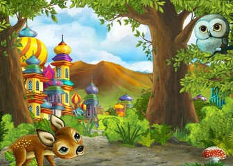 Cartoon nature scene near the forest with a path - illustration