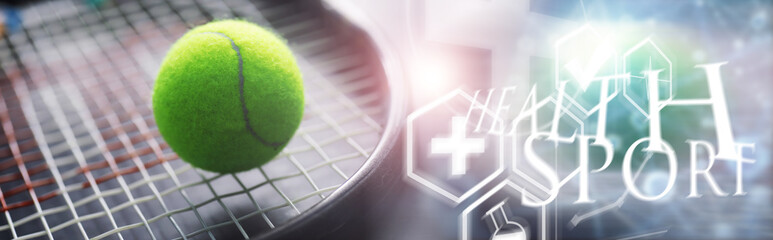 Sport and healthy lifestyle. Tennis. Yellow ball for tennis and a racket on the table. Sports background with tennis concept.