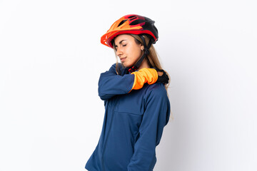 Young hispanic cyclist woman isolated on white background suffering from pain in shoulder for having made an effort