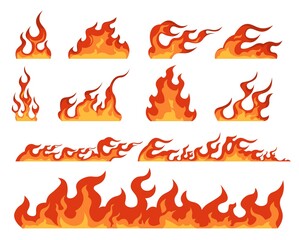 Fire flame. Cartoon bonfire and fiery borders decorative elements. Isolated bright red and orange blaze, warning signs of flammable objects. Colorful templates for burning building, vector hot set