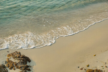 Wide sandy beach, Clean white sandy beaches, calm sea, small waves and rocks, blue sky, Fresh air, Thailand beach, koh samet, 
