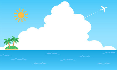 海と入道雲と椰子の木と飛行機雲の夏イメージのベクターイラスト背景　風景