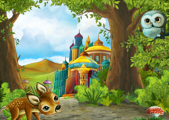 Cartoon nature scene near the forest with a path - illustration
