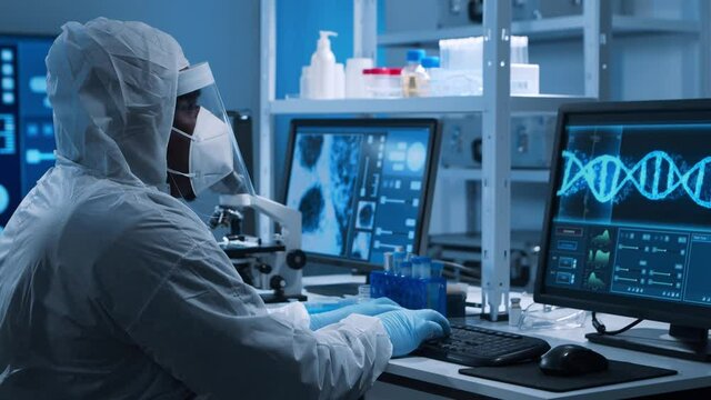 African-American doctor is doing a science experiments and developing vaccine in a modern laboratory. Genetic engineers workplace. The concept of science and medicine.