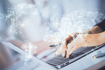 Double exposure of woman hands typing on computer and social network theme hologram drawing. People media concept.