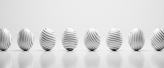 Elegant shiny white Easter eggs with golden and pink stripes pattern