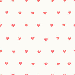 Hand drawn ink doodle naive style seamless pattern with red hearts