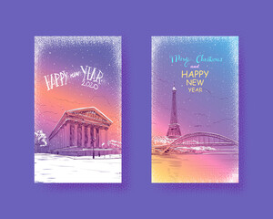 Trendy cover template. Winter city. Merry Christmas and New Year card design.Eiffel Tower. Madeleine Church. Madeleine Square. Paris, France. Hand drawn landmark sketch. Vector illustration.