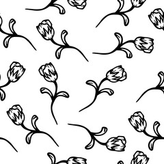Seamless pattern with black and white graphic flowers drawn by hand