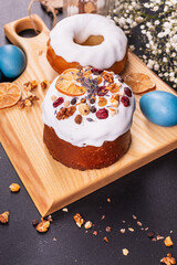 Easter cake dessert and Easter eggs Holidays sweet treat on the table meal snack outdoor top view copy space  food background rustic 