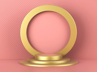 Beatiful golden stage, pedestal or podium in nude color paper studio. 3D illustration. Perfect background or mockup for cosmetics or fashion.