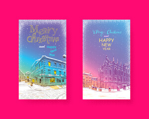 Trendy cover template. Winter city. Merry Christmas and New Year card design. Dublin, Ireland. Hand drawn sketch. Vector illustration.