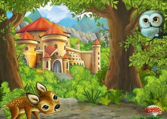 Cartoon nature scene near the forest with a path - illustration