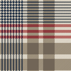 Red, navy blue and taupe glen check plaid. Houndstooth twill pattern design. Textile fabric swatch template.