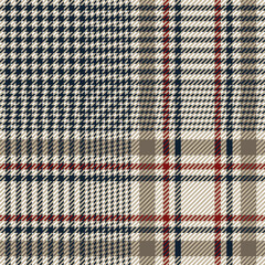 Blue, red and taupe glen check plaid. Houndstooth twill pattern design. Textile fabric swatch template.