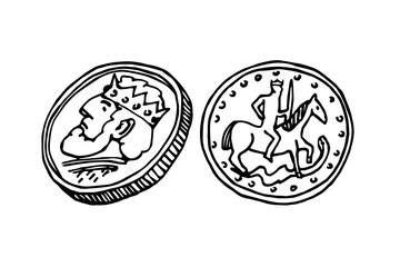 medieval ancient coin with king profile, obverse and reverse, numismatic hobby, vector illustration with black ink contour lines isolated on a white background in a doodle and hand drawn style