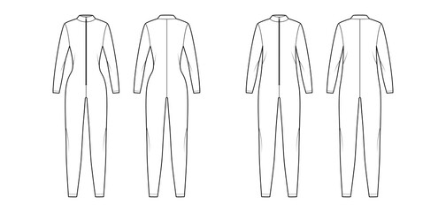 Set of Catcuits Dungarees overall technical fashion illustration with full length, zipper closure, oversized fitted body, long sleeves. Flat front back, white color style. Women, men unisex CAD mockup